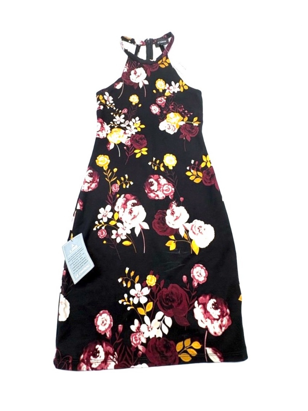 le chateau Black Floral Halter Mini Dress with Burgundy and Mustard Accents